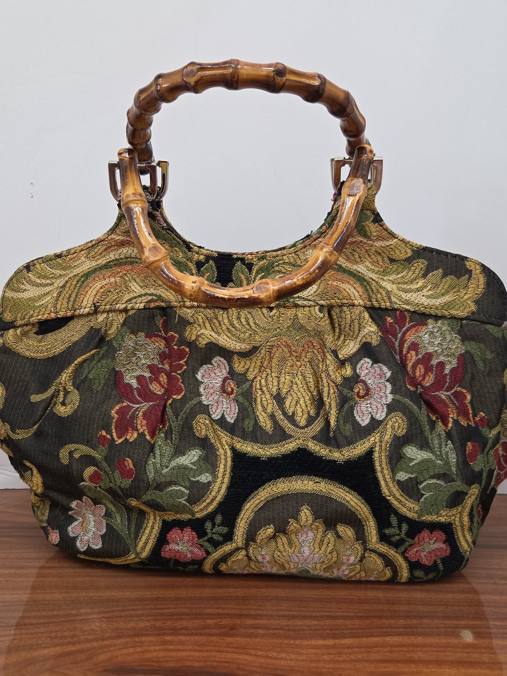 Vintage Talbots Floral Tapestry Tote with Bamboo Handles - Black Multi 13x9x4.5"